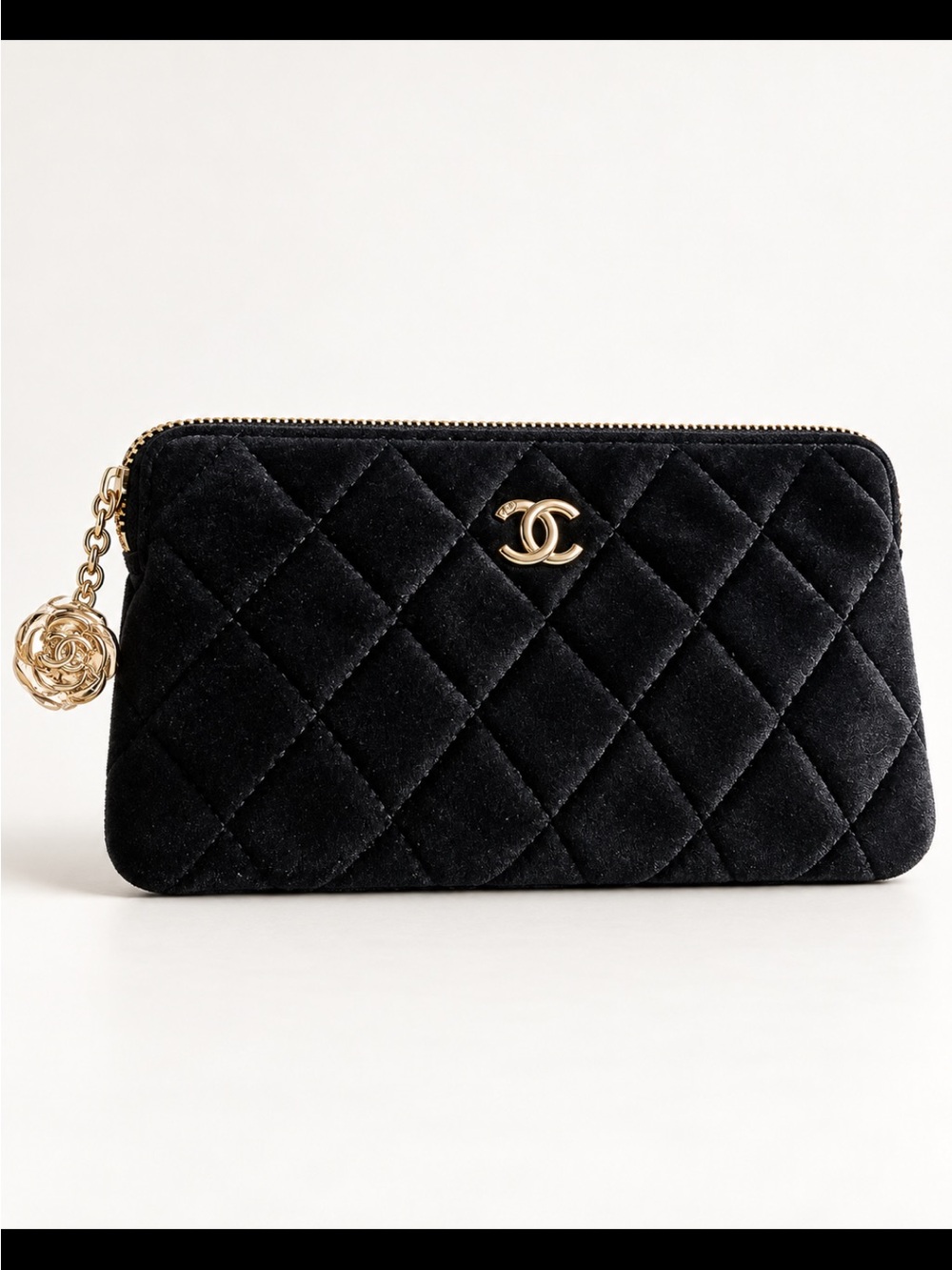 FASHION Black Quilted Velvet Zip Pouch with Gold CC Charm